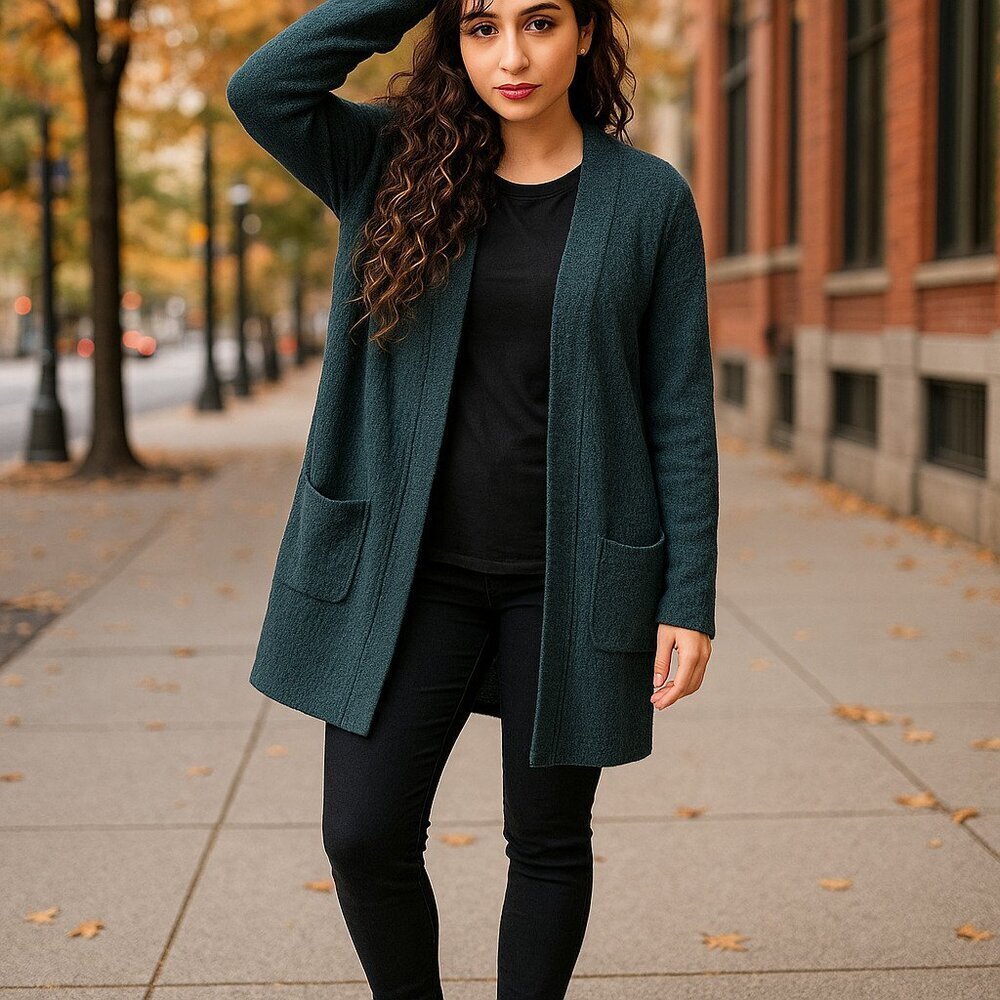 Modern Canvas Long Length Open GREEN Cardigan Nubby Sweater XXL Boho Forrest